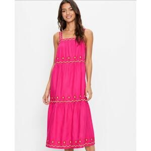 LOFT Pink Embroidered Sundress Tiered Midi Sleeveless Summer XS